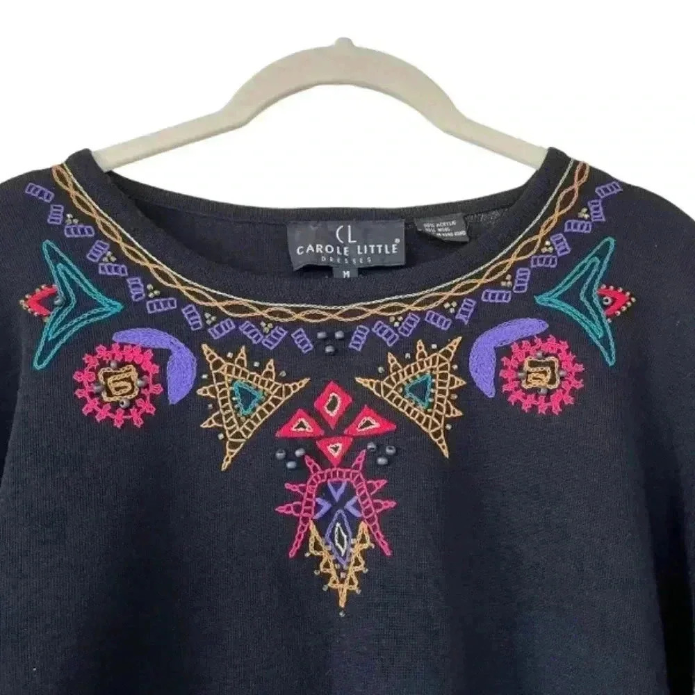Carole Little Beaded Black Sweater Tunic Dress Size Medium Vintage Long Sleeves - Picture 3 of 9